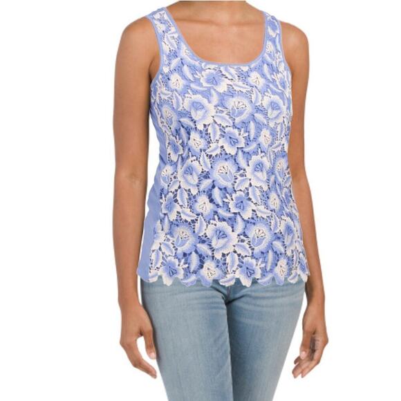 New! Cupio Scoop Neck Floral Lace Front Overlay Summer Tank Top - Picture 1 of 6